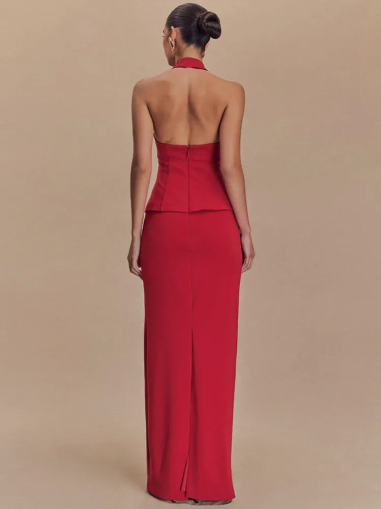 Square Collar Halter Top and Long Skirt Two-Piece Set