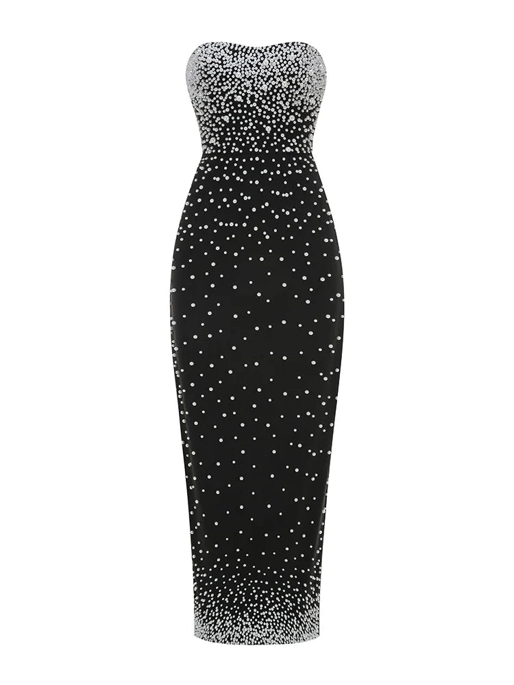 Black Strapless Pearls Beaded Embellished Maxi Dress