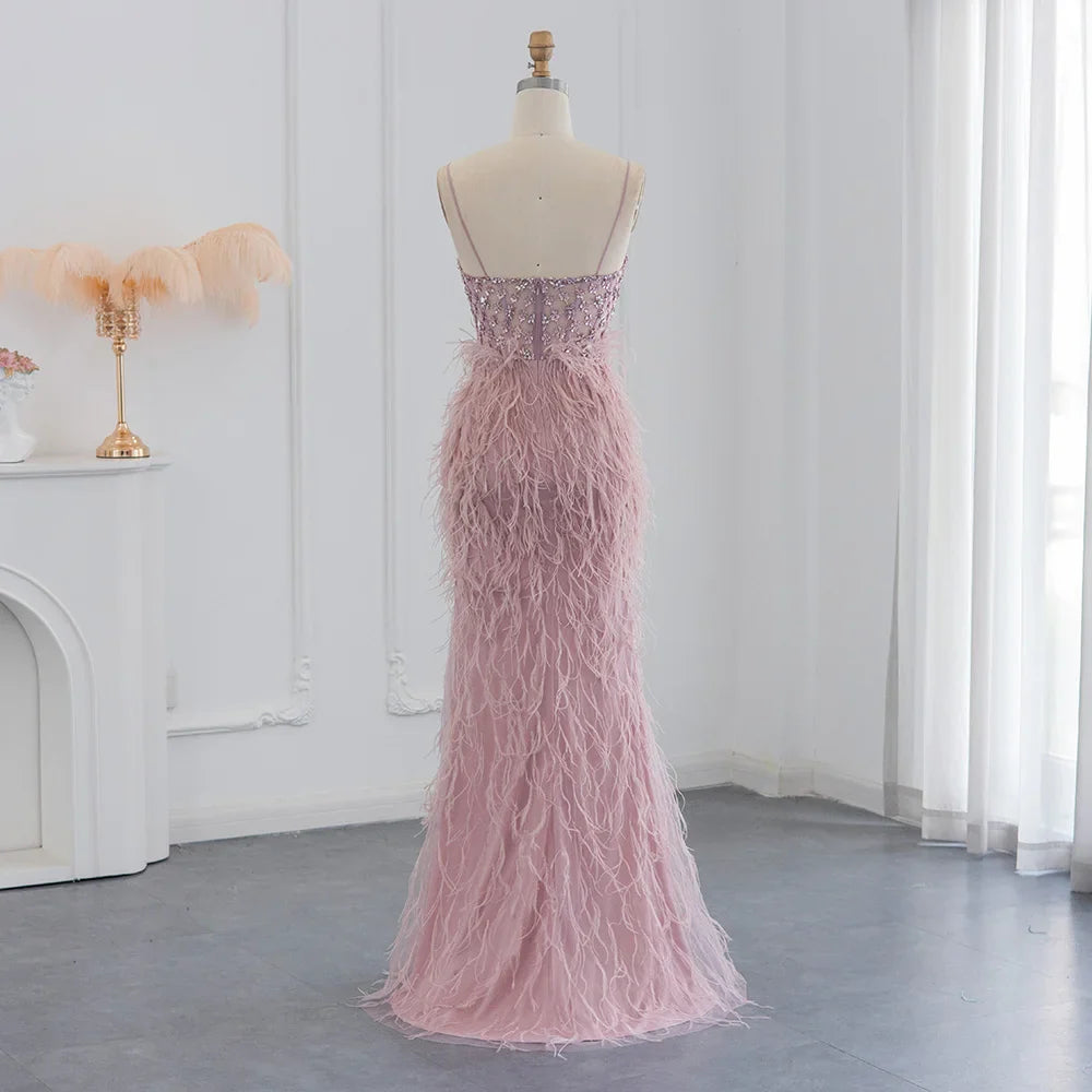 Feathers Spaghetti Straps Side Slit Prom Dress