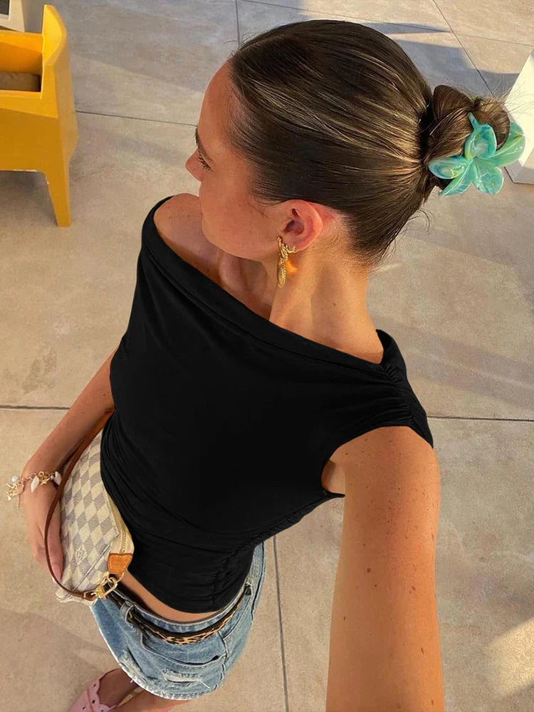 Slash Neck Shirring Bandage Solid Top