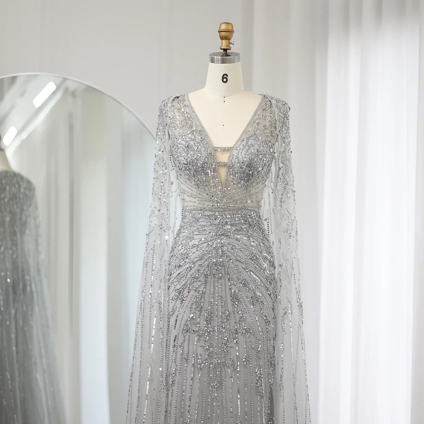 Silver-Gray Mermaid Evening Gown with Cape