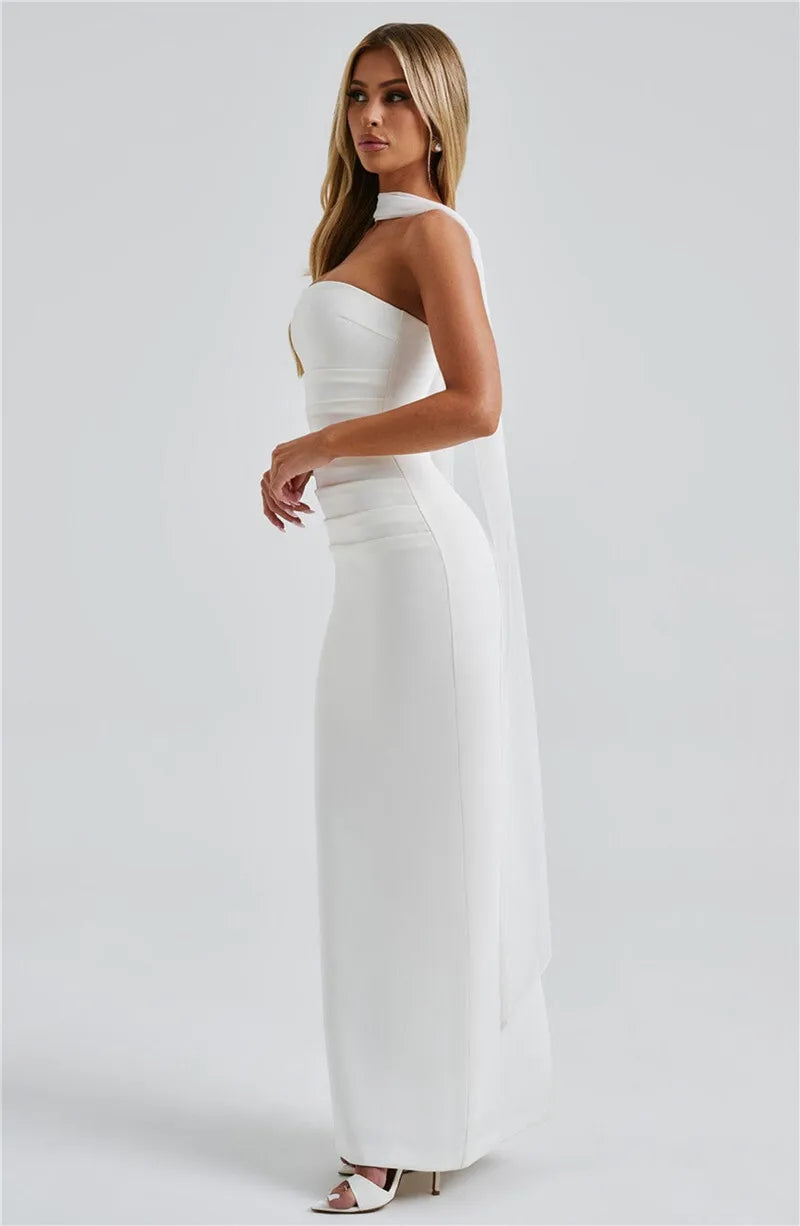 Scarf Collar Strapless Off-shoulder Long Dress