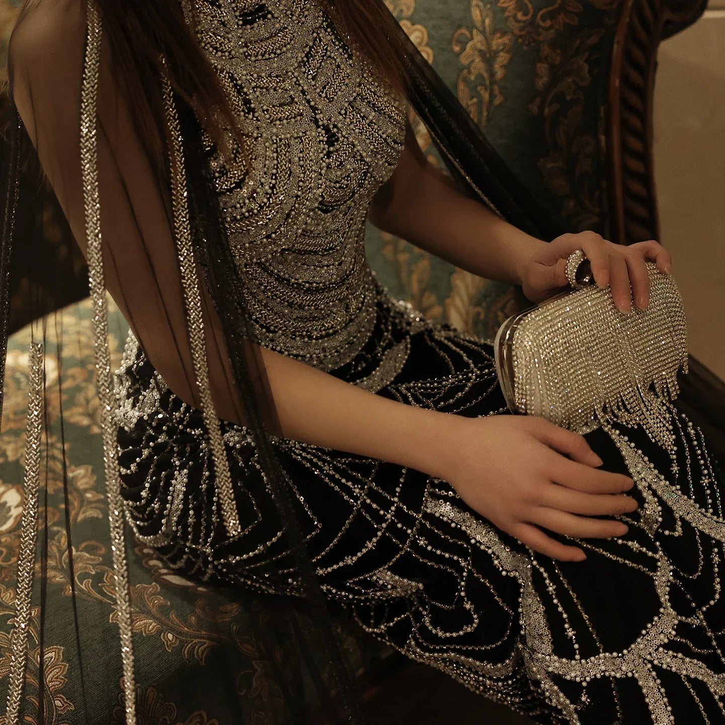 Black Evening Gown with Cape Sleeves
