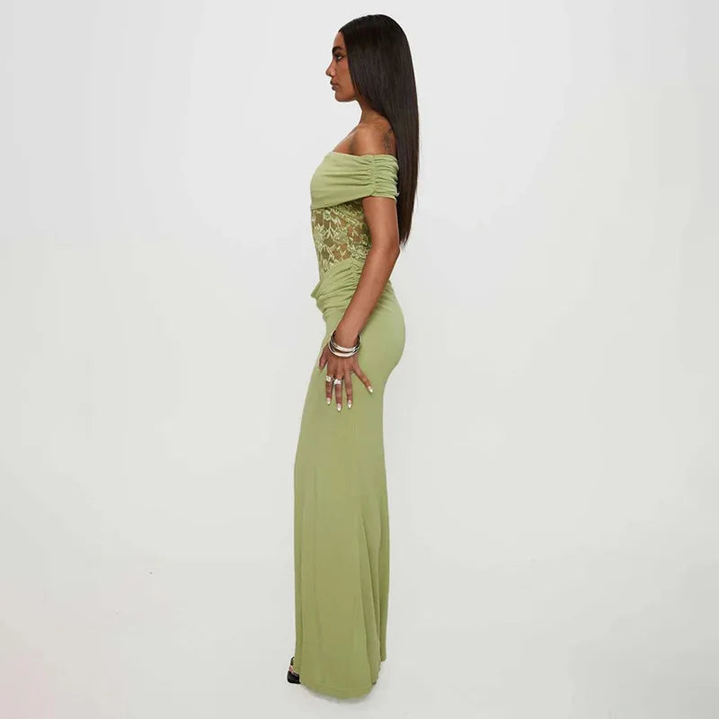 Off-shoulder Strapless Green Lace Sheer Long Dress