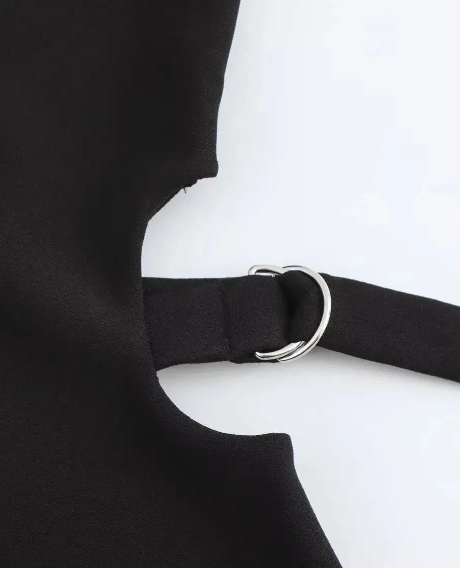 Crop Hollow Waist Black Mini Dress