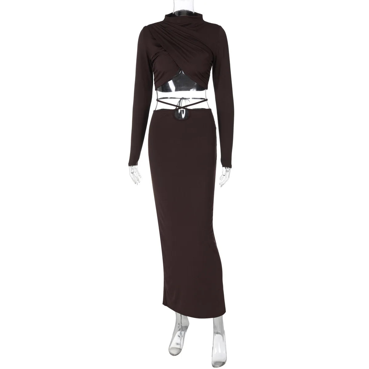 Long Sleeve Lace-up Crop Top And Long Skirt Suit