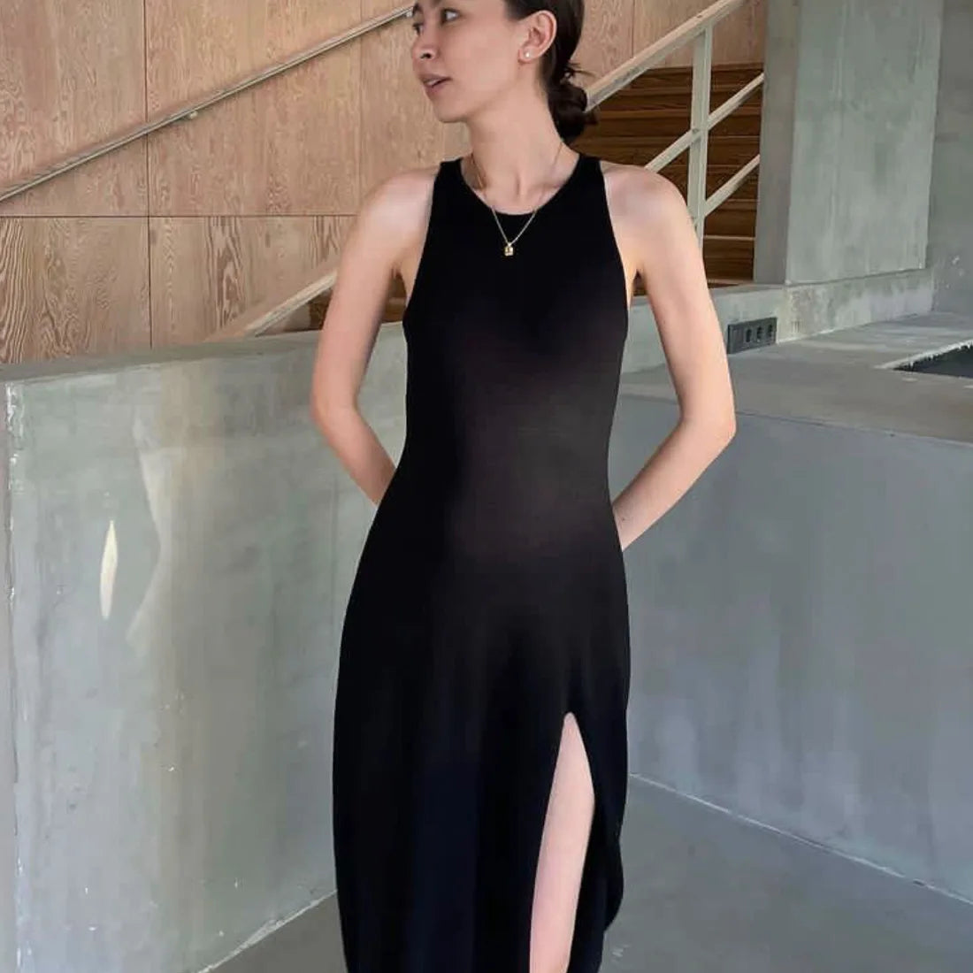 Knit Slit Solid High Waisted Vacation Dresses