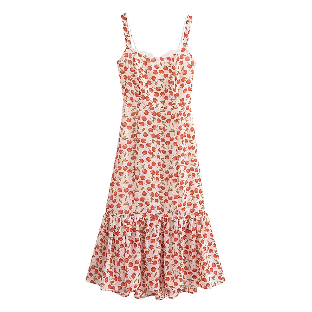 Cherry Print Ruffles Hem Trumpet Midi Dress