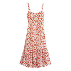 Cherry Print Ruffles Hem Trumpet Midi Dress