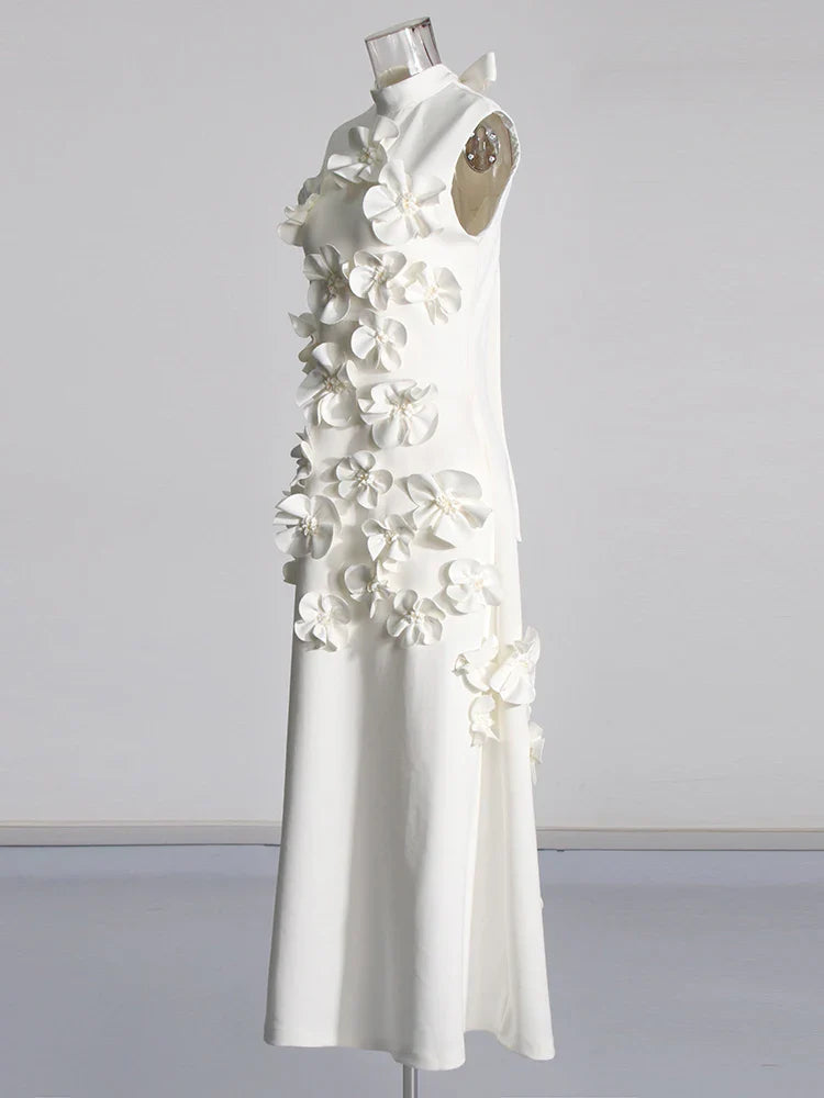3D Flower Appliqué Mock Neck Midi Dress