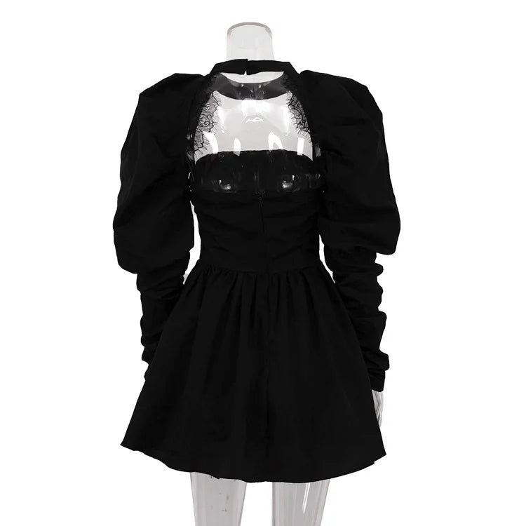 Puff Long-sleeved Black Mini Dress