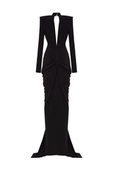 Deep V Neck Long Sleeves Black Maxi Dress  Party Gown