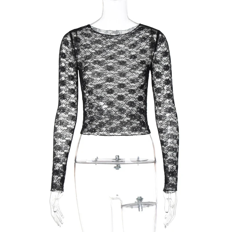 Long Sleeve See-Through Lace Crop Top for Women â€? Bodycon Party Wear