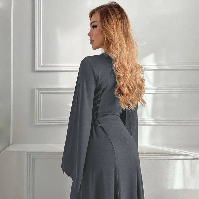 Ribbed Solid Lace-up Long Sleeve Dress