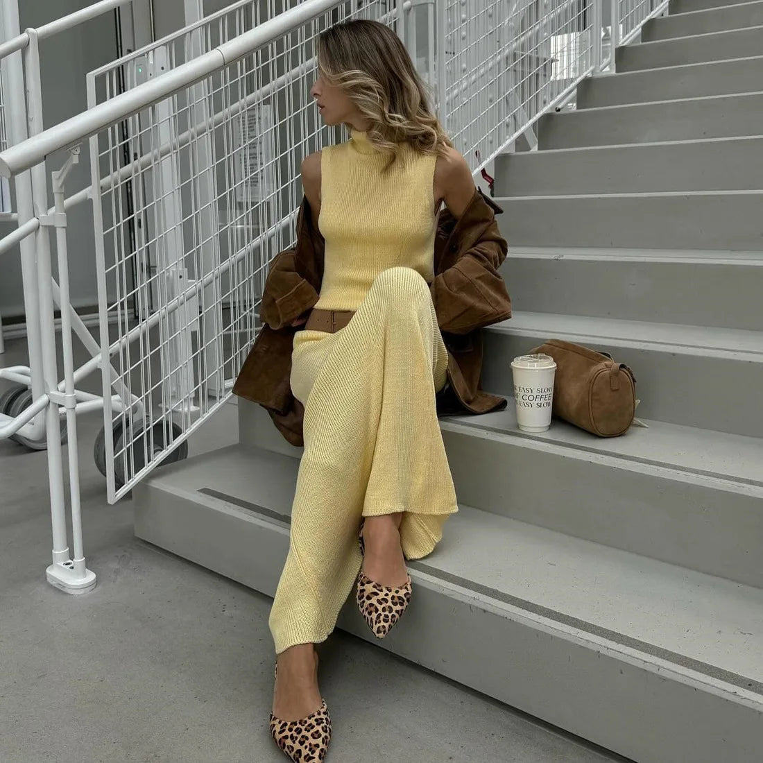 Solid Knit Sleeveless Top Long Skirt Set