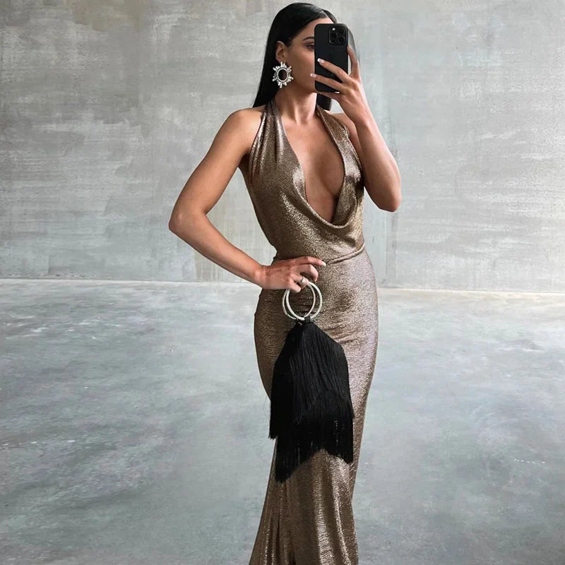 Halter Deep V Neck Sleeveless Fishtail Dress