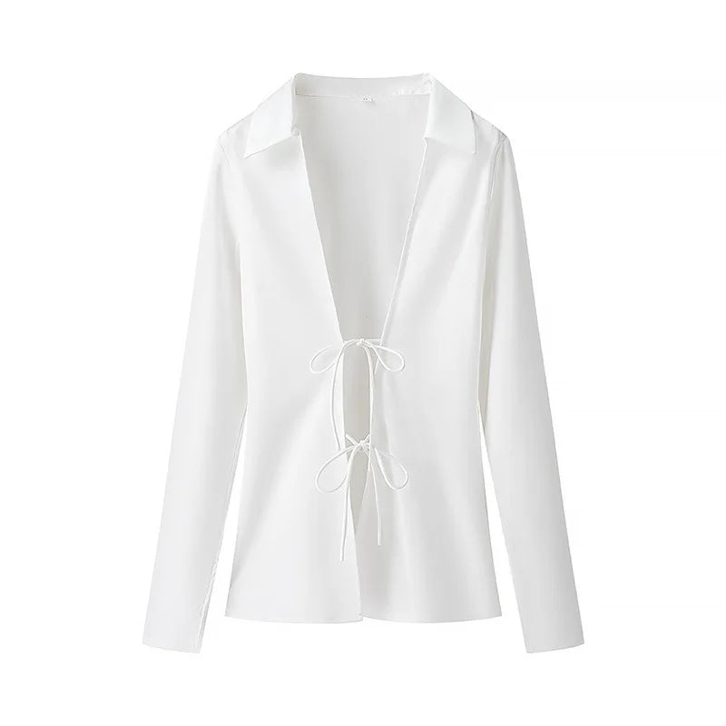 Satin Lace Up Long Sleeved Blouse