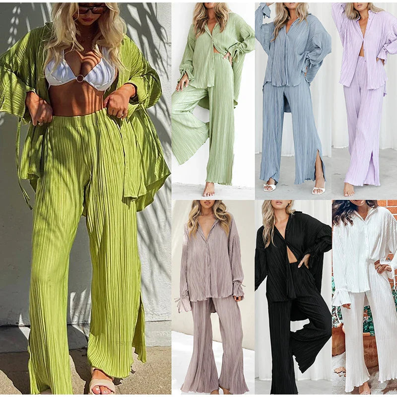 2 Piece Set Blouse Tops and Split Wide Leg Pants