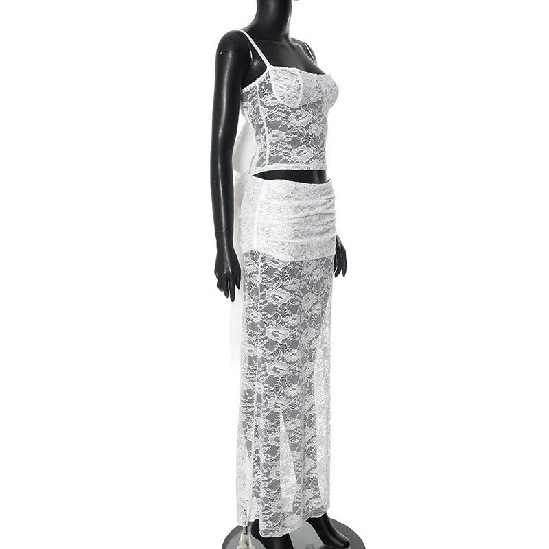 White Halter Top And Sheer Mesh Long Skirt Suit