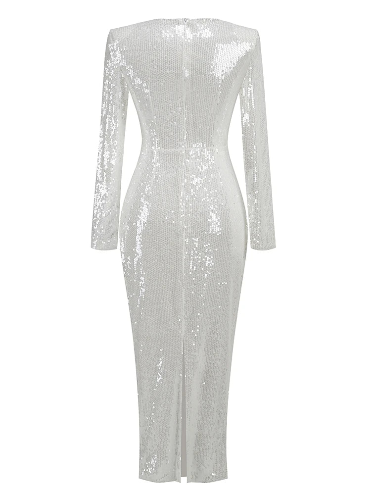 Sequins White Hollow Flower Design Long Dress