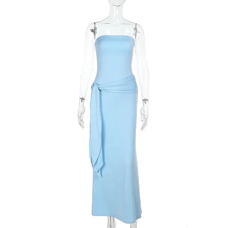 Strapless Patchwork Flowing Tie Long Dress