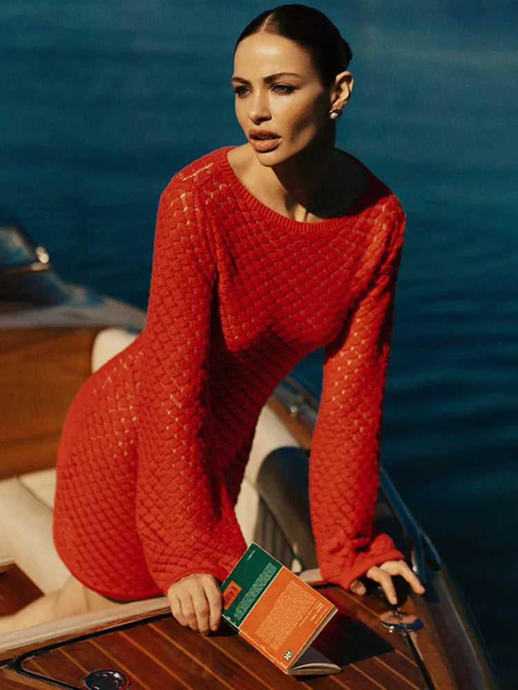 O-Neck Long Sleeve Knit Mini Dress