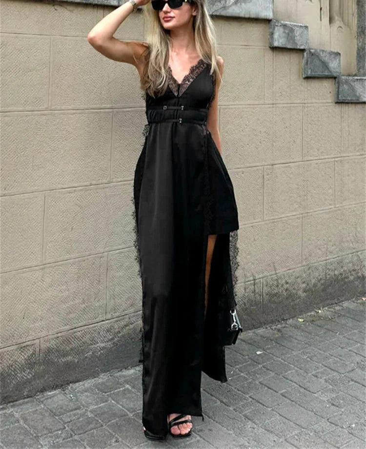 Lace Satin Patchwork High Split Maxi Dress