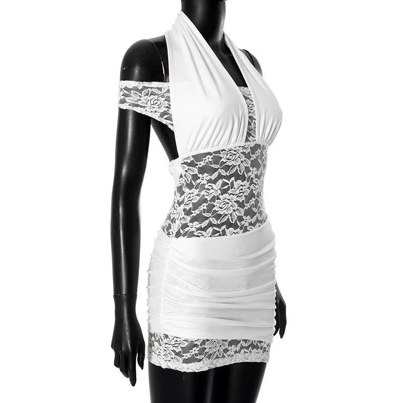 Halter Off the shoulder White Lace Mini Dress