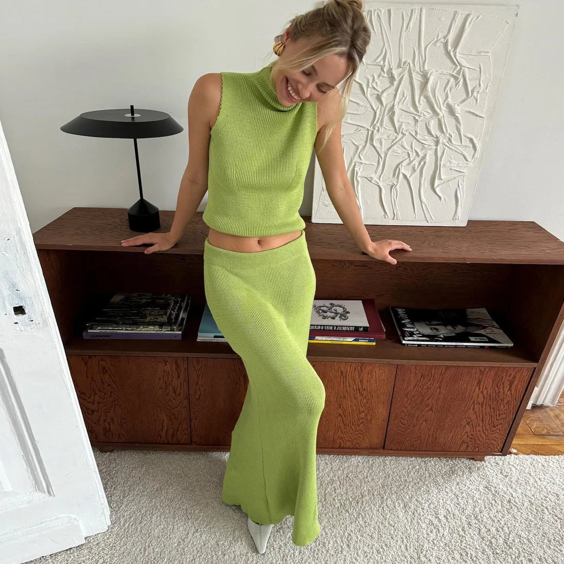 Solid Knit Sleeveless Top Long Skirt Set