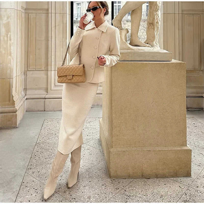Solid Stand Collar Jackets and Skirts Suit
