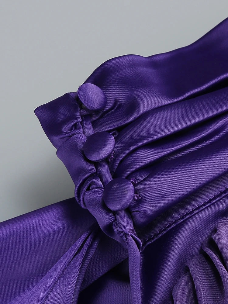 Purple Satin Halter Neck 3D Flower Scarf Maxi Dress