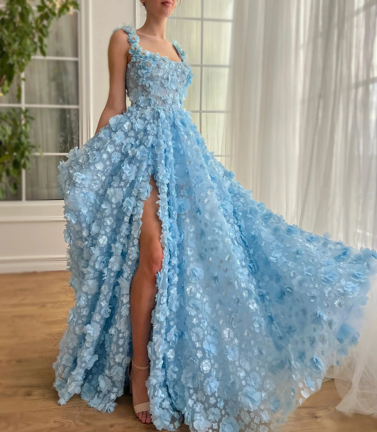 Lilac 3D Embroidered Flowers High Slit Evening Dress