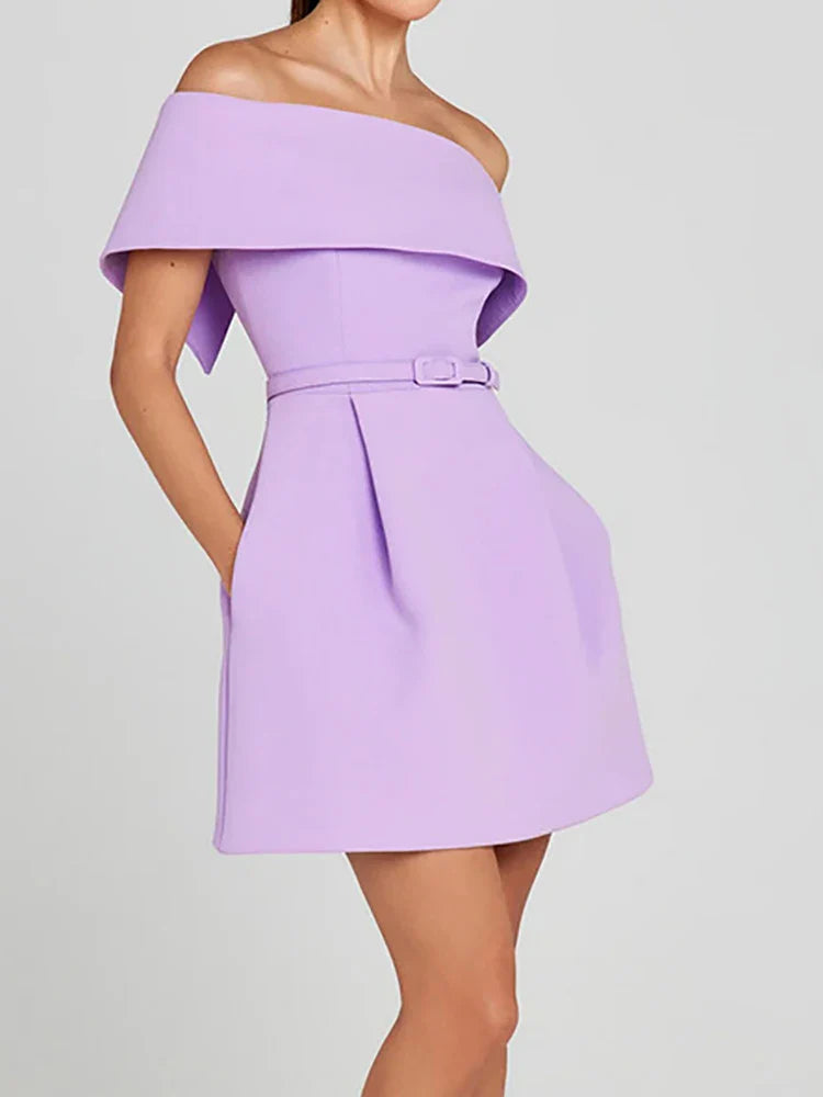 Belt Patchwork Short Sleeve Off The Shoulder Dress