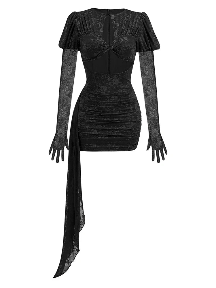 Gloves Long Sleeves Lace Floral Dress