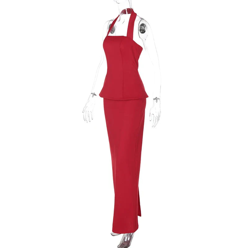 Square Collar Halter Top and Long Skirt Two-Piece Set