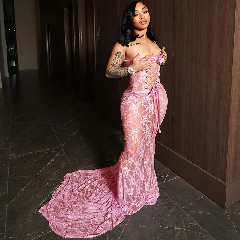 Lace Up Hollow Out Corset Tube Maxi Dress