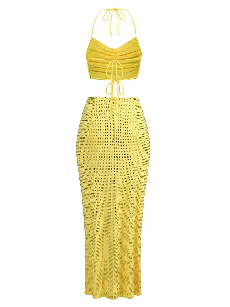 Swinging Collar Crop Tops Long Slit Skirts Suits