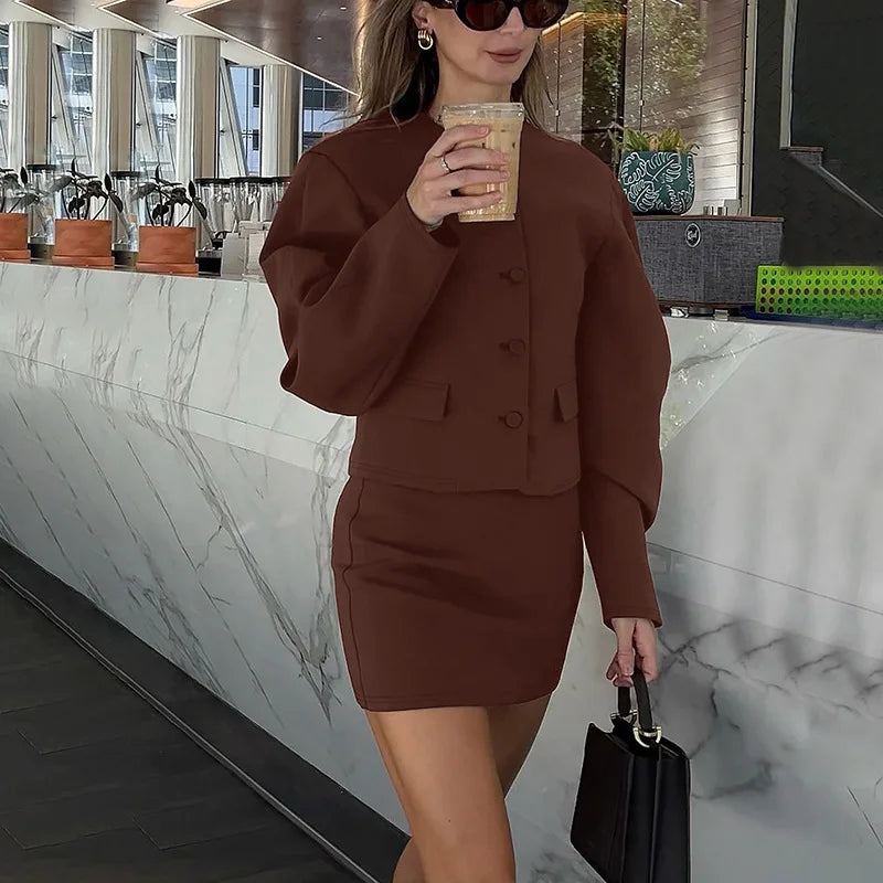 Round Neck Long Sleeve Jacket Mini Skirt Suit
