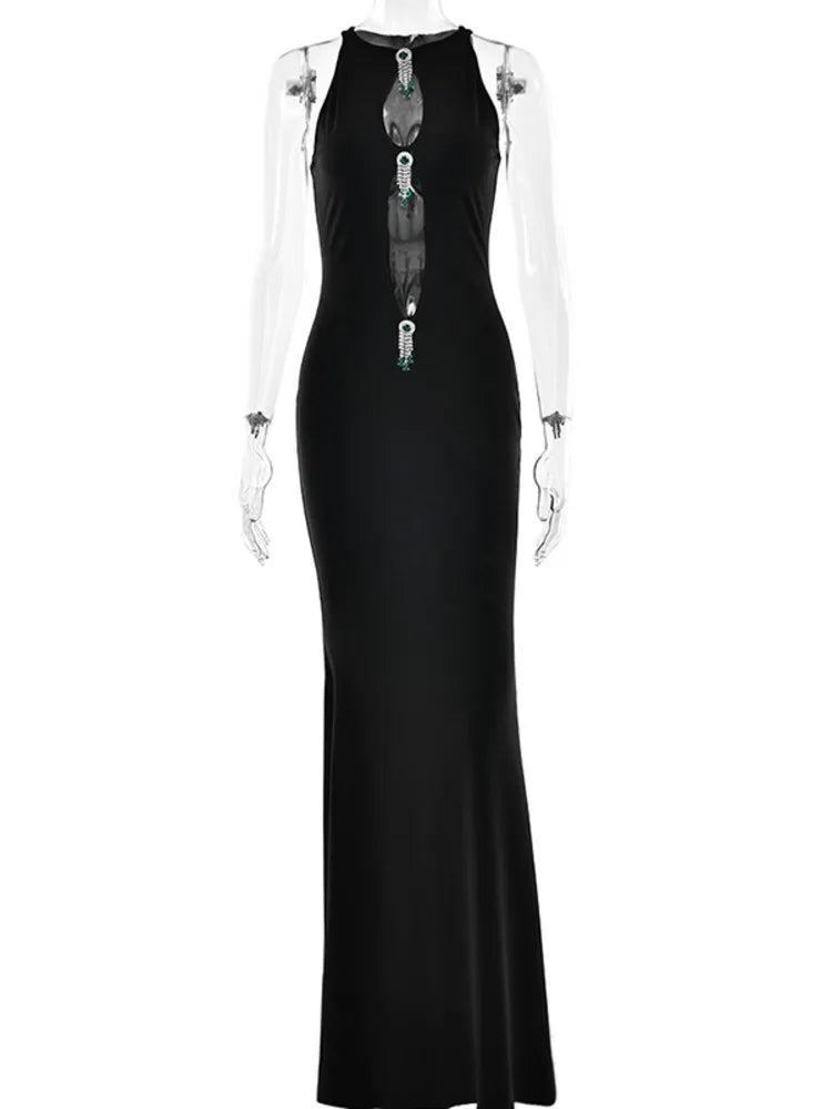 Hollow Out Pearl Tassel Black Long Dress