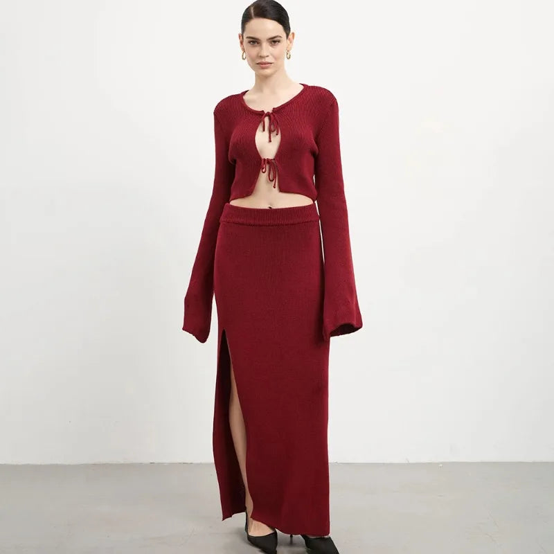 Knit Solid Lace-up Cardigan Top Slit Long Skirt Set