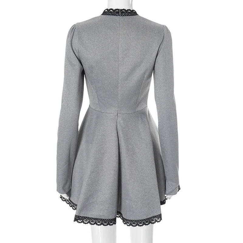 Patchwork Gray Long Sleeve A-line Mini Dress