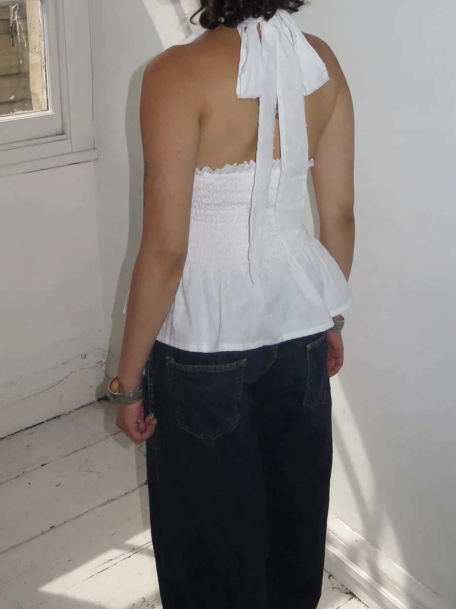 Floral Print/Swiss Dot Tie-Up Halter Backless Tops