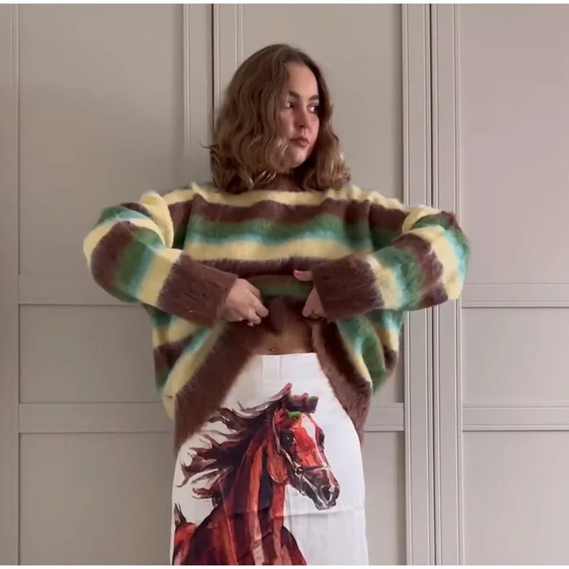 Mohair Striped Long Sleeve Contrast Sweater