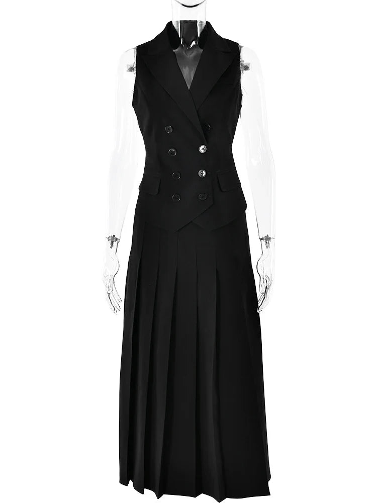 Notched Collar Pleated Skirt Suit Two Piece Sets