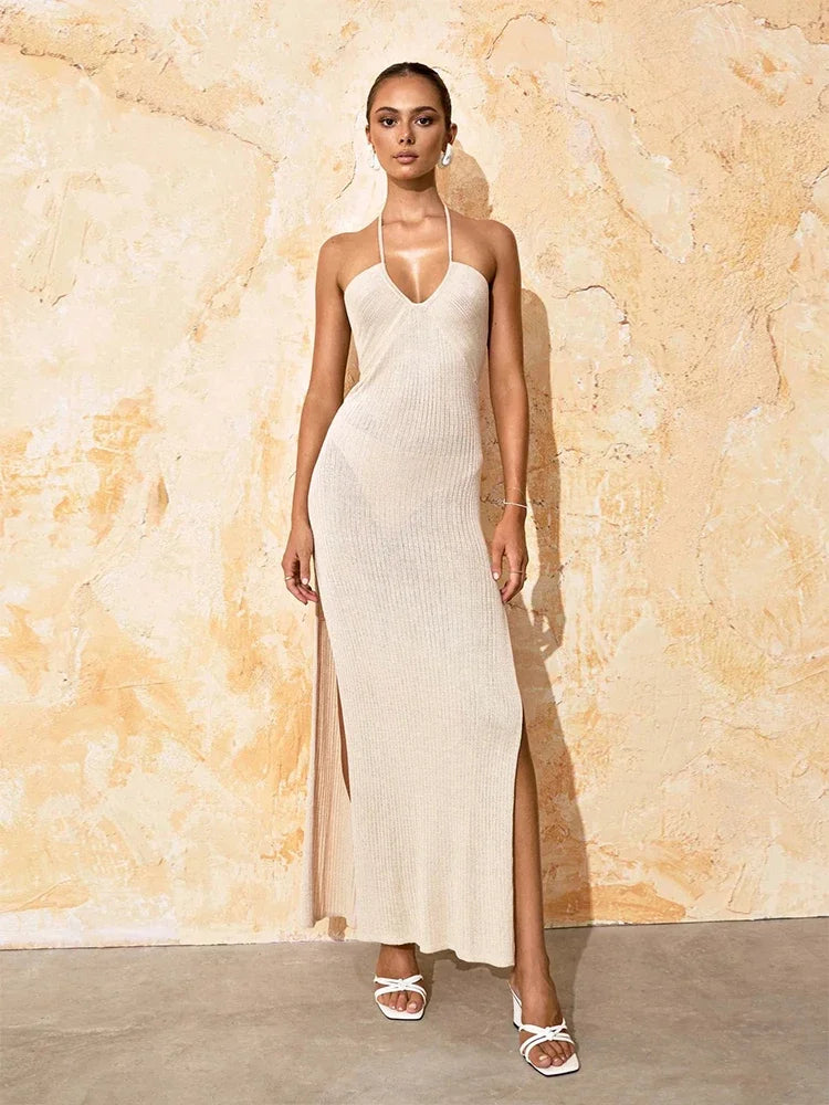 Solid Backless Halter Knit Slit Maxi Dress