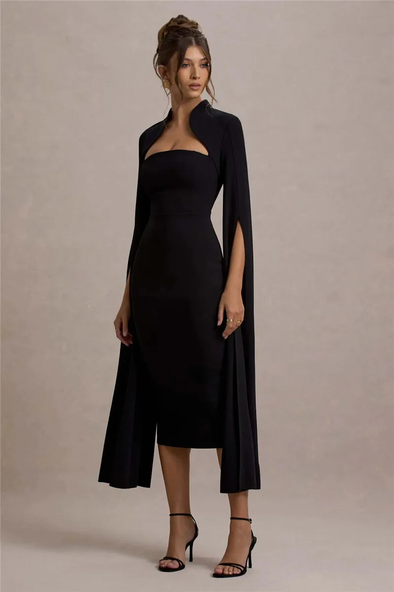 Cape Long Sleeve Square Collar Midi Dress
