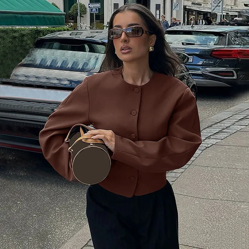 Round Neck Long Sleeve Jacket Mini Skirt Suit
