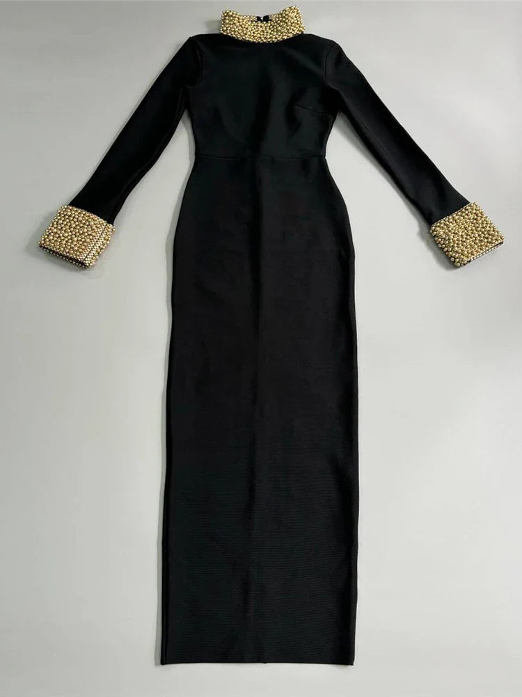 Turtleneck Gold Pearls Long Sleeve Dress
