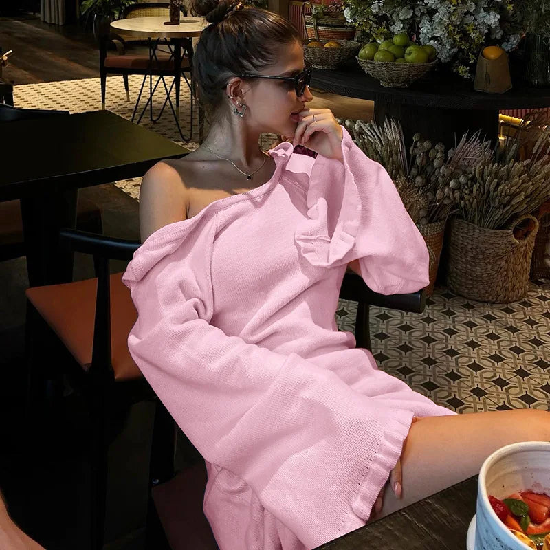 Flare Sleeve Open Back Lace Up Knitwear Long Dress