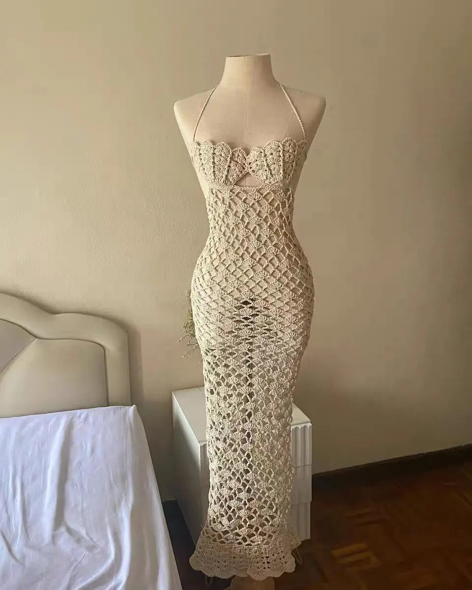 Crochet Halter Lace Up Bodycon Beach Robe
